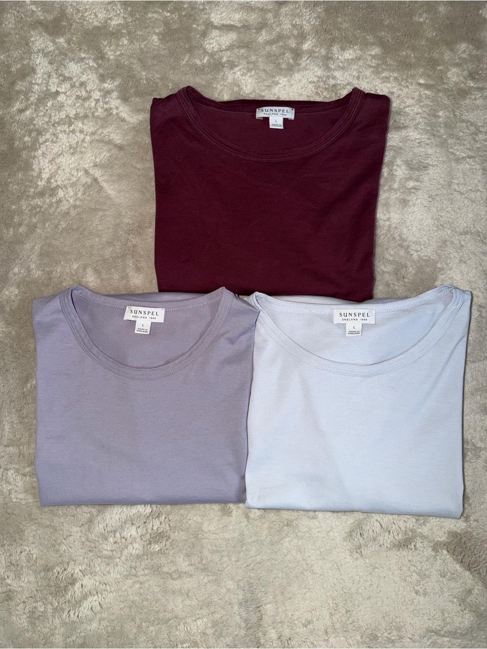 Lot Of 3 Sunspel Classic Tees In Burgundy, Lavender, Light Blue Men’s Size Large